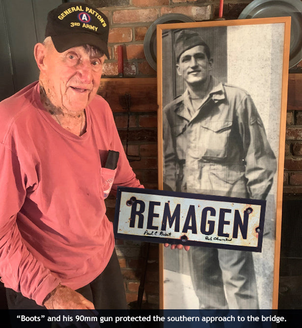 Remagen bridge anti-aircraft gunner Bob Chouinard with Remagen sign