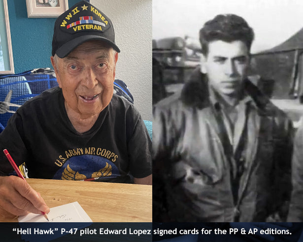 P-47 pilot Edward Lopez autographs Road to Bastogne cards