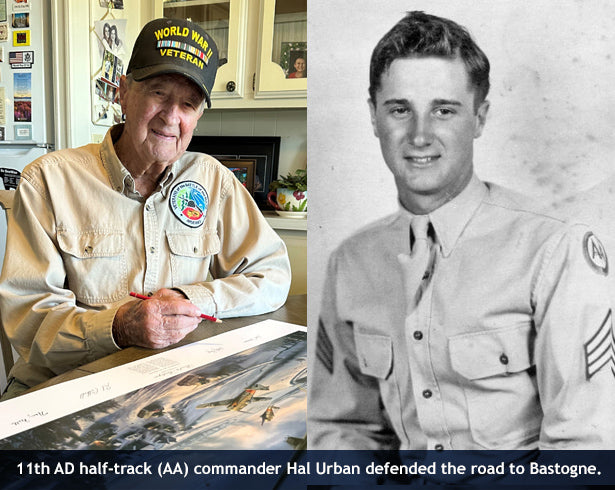 11th Armored Division veteran Hal Urban autographs Road to Bastogne art prints. 